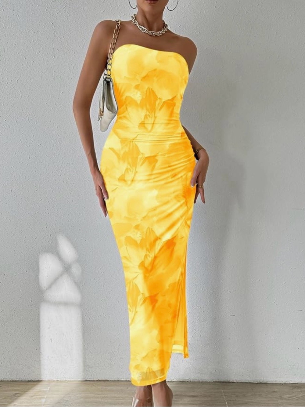 Strapless Yellow Floral Midi Dress
